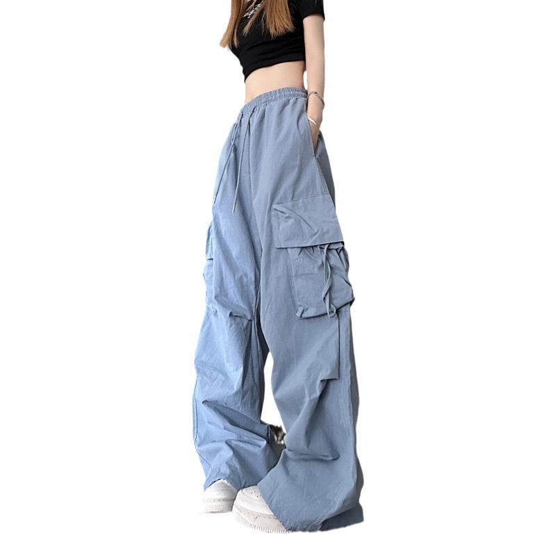 Picture of American retro quick-drying overalls women's three-dimensional pocket high waist straight wide leg ribbon loose casual mopping trousers