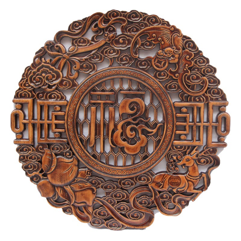 Dongyang Wood Carving Pendant Cinnamomum Wood Carving Round Home and Fu Character Wall Decoration Living Room Entrance Background Wall Decorative Painting