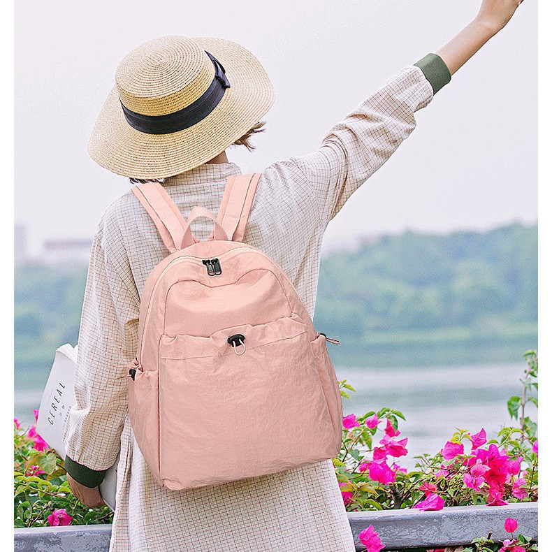Japanese Style Pure Color Pleated Nylon Backpack Women's Large Capacity Lightweight Casual Travel Female College Student High-End Backpack