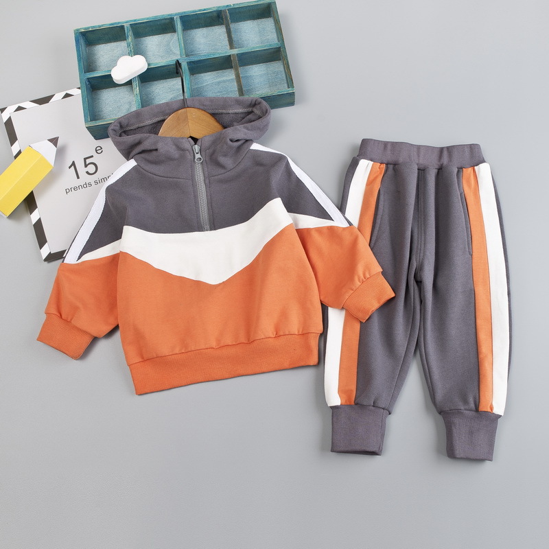 Children's Wear Hooded Long-sleeved Sweater Stitching Zipper Pullover Leg Trousers Two New Spring and Autumn Children's suit