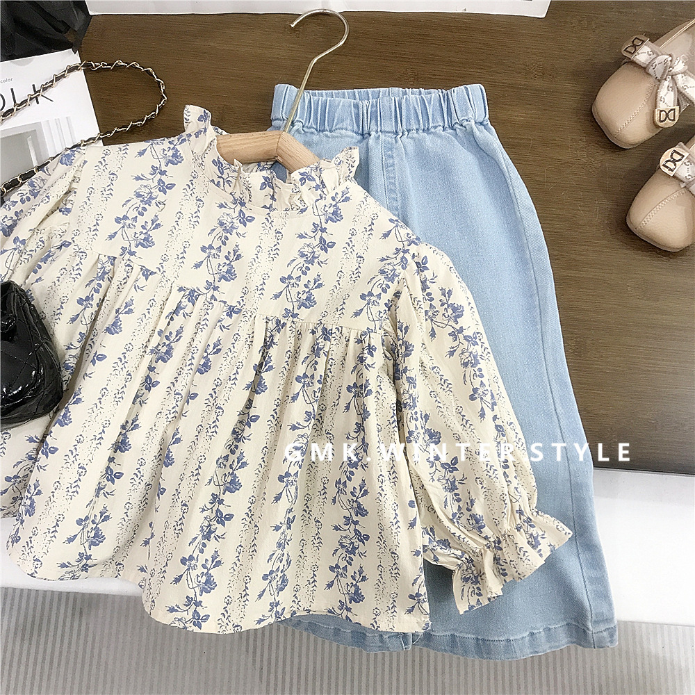 Picture of South Korea Children's Wear Girls' Floral Shirt Top New Children's Denim Flared Pants Baby Girl Shirt Spring and Autumn