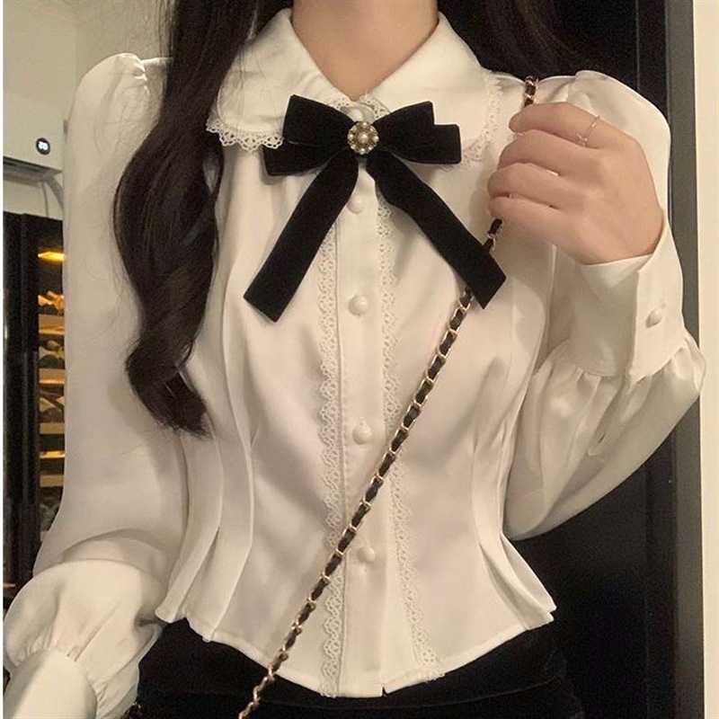 2025 spring new waist pleated shirt women's sexy long sleeve white shirt design hot girl slim top