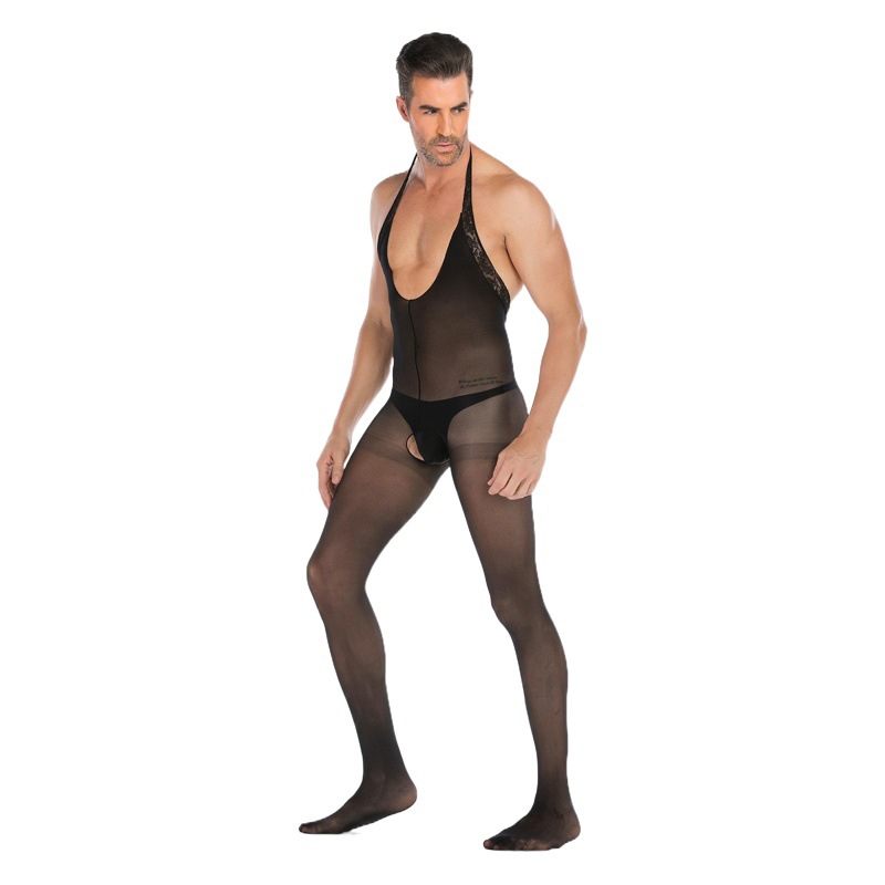 Cross-border Men's Sexy Underwear Silk Stockings Printed Full-body Open-length Men's One-piece Garments