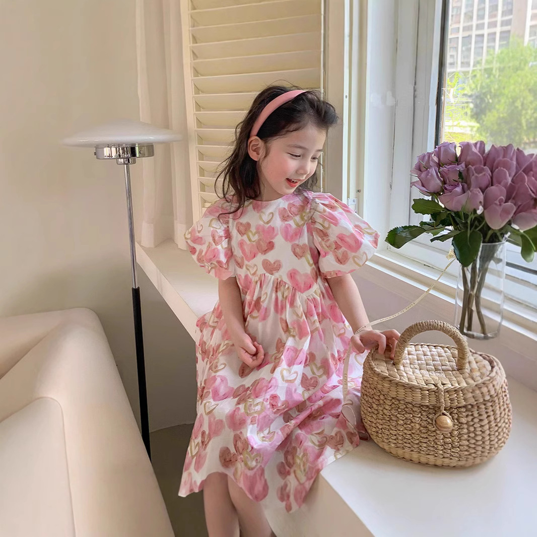 Picture of Girls dress summer new sweet love full print bubble sleeve princess skirt children a generation of hair