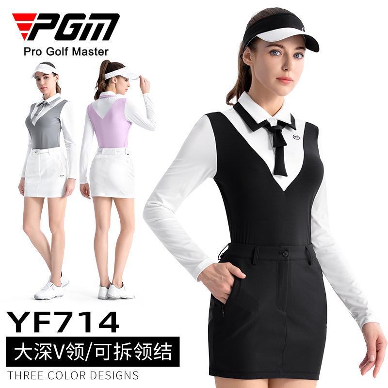 PGM Golf Clothing Women's T-shirt High Elastic POLO Top Deep V Long Sleeve Hip Skirt Sports Women's T Winter None