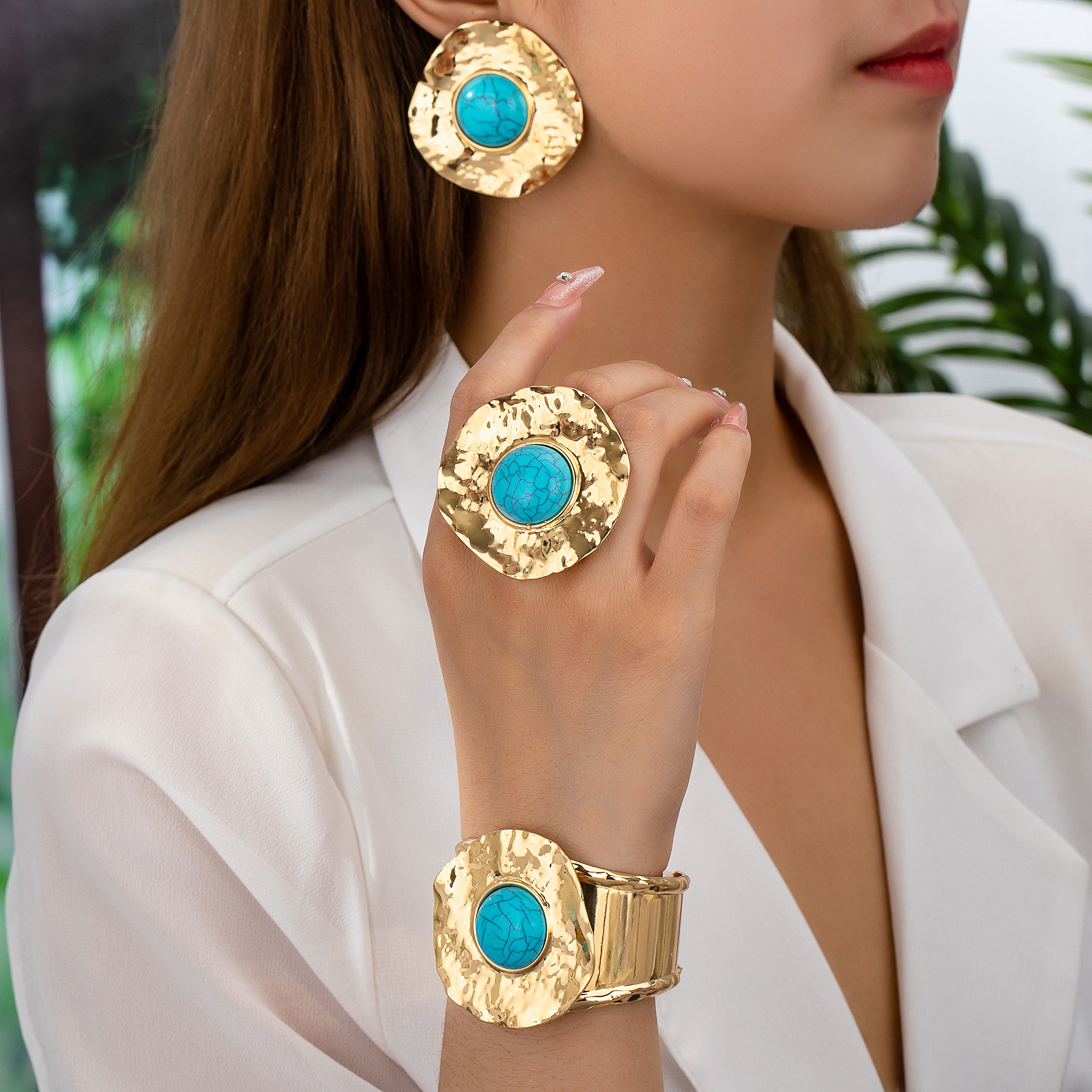 Geometric Beat Lace Round Pleated Design Inlaid Temperament Stud Earrings Bracelet Ring