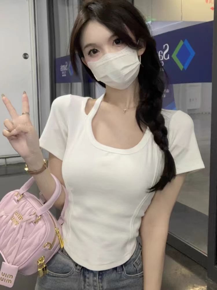 Irregular Pure Slim U-Neck Collarbone T-shirt Niche Fish Bone Hot Girl Sexy White Short-Sleeved Women's Top for Summer