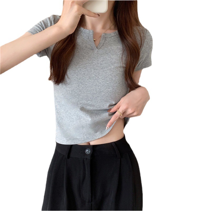 Short Women's Summer Design Pink Slim Fit Navel-Baring Sexy Women's T-Shirt Short-Sleeved Summer New Pure Color Clothes