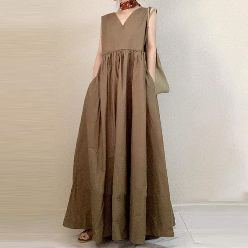 In-Stock Korean 2024 Summer New Loose Sleeveless Dress with a Large Hem, Slimming Mid-Length Dress with Patchwork Design