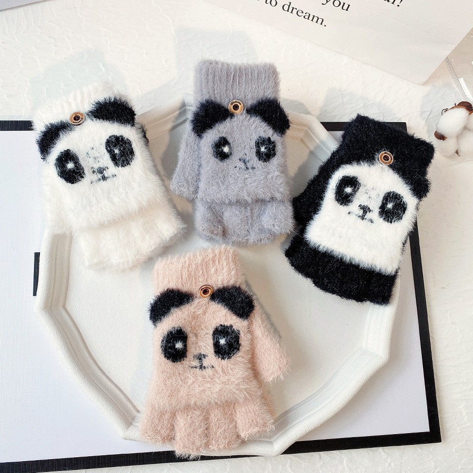 Panda Warm Winter Women's Half-Finger Flip-Top Plush Knit Thickened Cycling Office Fingerless Gloves Versatile