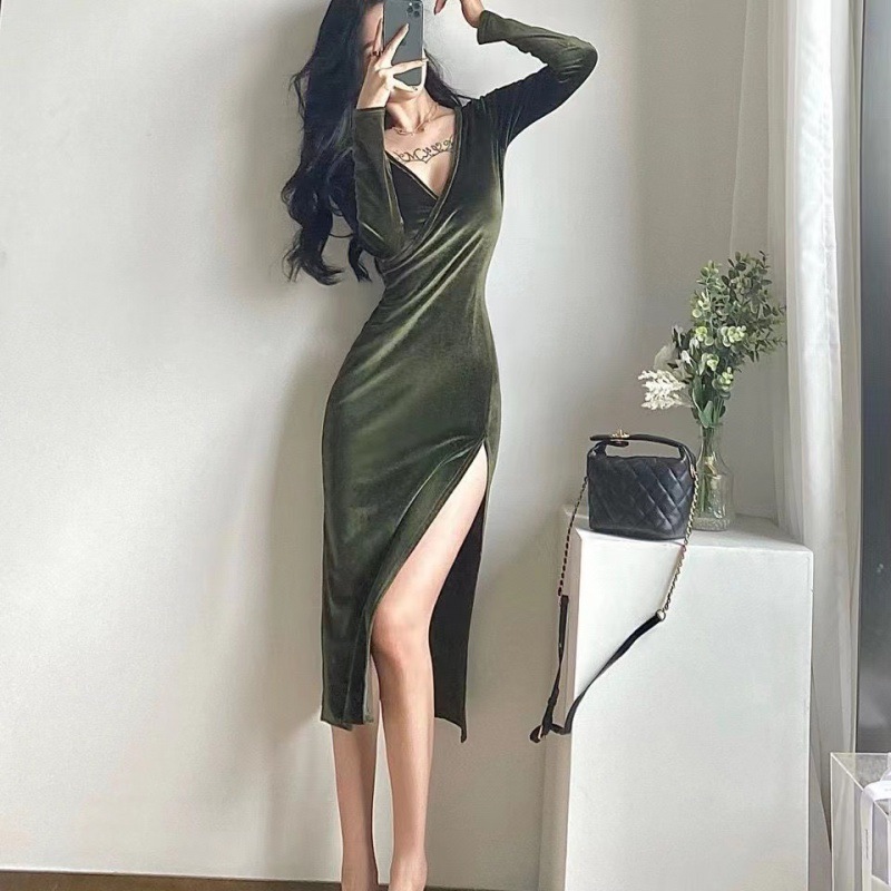 Autumn and winter New Light cooked wind gold velvet sexy V-neck waist split base long sleeve dress long dress