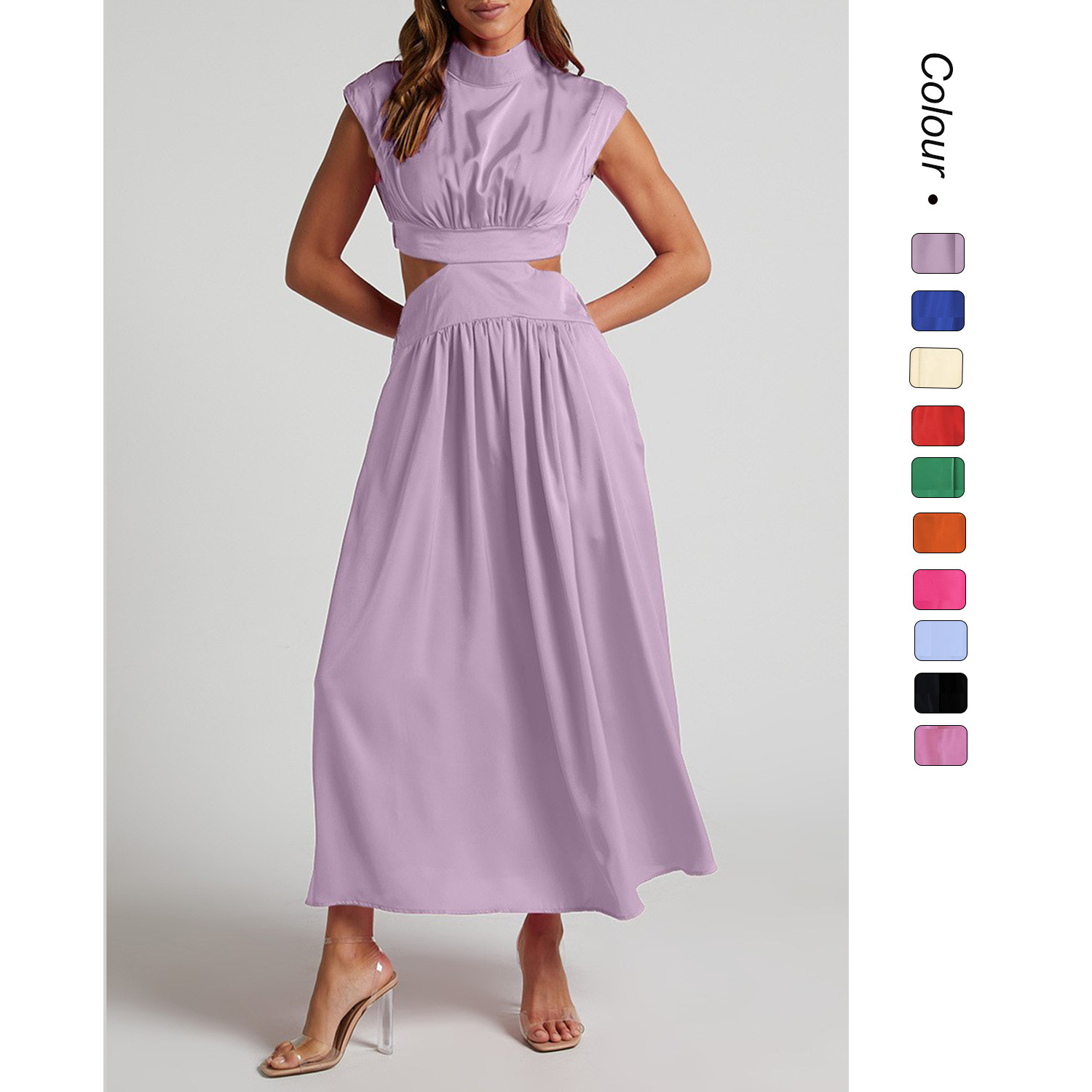 25 Years of European and American Export Sweet Fashion Street Summer Stand-Up Collar Macaron Color Waistless Long Dress 23003