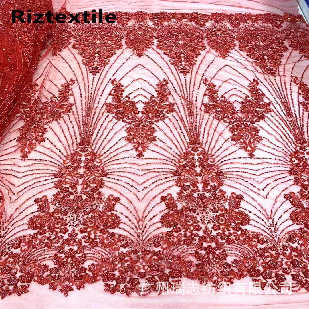 Foreign trade red beads sequins lace embroidery fabric European and American wedding dress women's cheongsam DIY clothing fabric