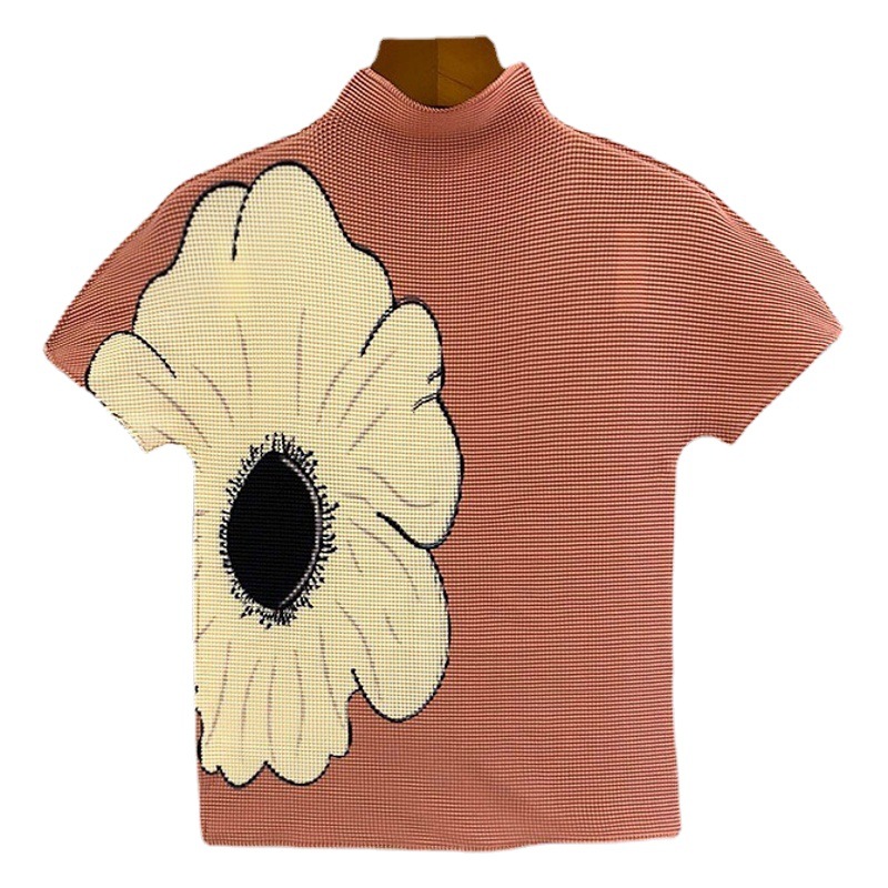 Clothes Summer Thin Pleated Top Short Sleeve Slim Fit Stretch Miyake Print Casual T-Shirt Women's Small Shirt