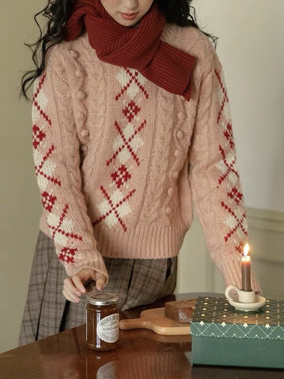 New Year and Christmas Pink Fair Isle Cable Knit Sweater for Women, Winter Retro Pullover, Lazy Style Top