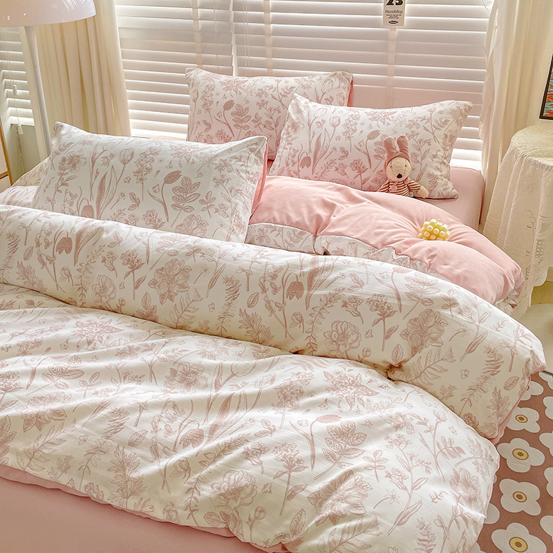 Picture of Class A Washed Double Yarn Cotton and Linen Four-piece Bed Sheet Cover Cover Three-piece Machine Washable Single and Double Bed Top Supplies