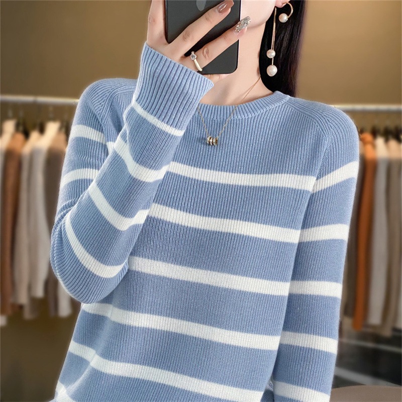 Picture of Striped women's 23 color matching round neck sweater cashmere sweater long sleeve new women's pullover bottoming loose autumn and winter knitted