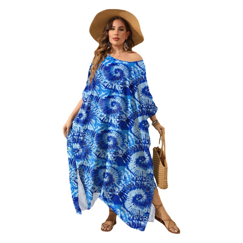 European and American Fireworks Printed Loose Blouse Beach Vacation Split Floor Long Dress Women's Large Size Dress F883