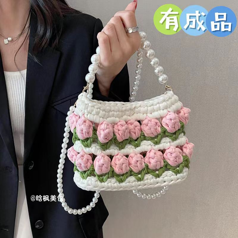 Fairy Tulip Handmade Woven Bag Finished Fabric DIY Material Bag Girlfriend Gift Pearl Handbag