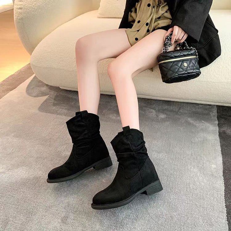 Picture of Vintage round toe stack boots 2025 fall new ins style high heels western cowboy knight boots mid-leg boots boots