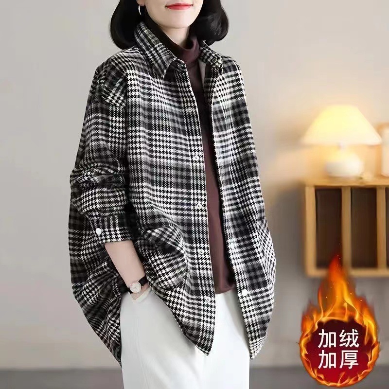 Velvet 2024 Winter Brushed Woolen Plaid Shirt Loose Mid-Length Versatile Jacket