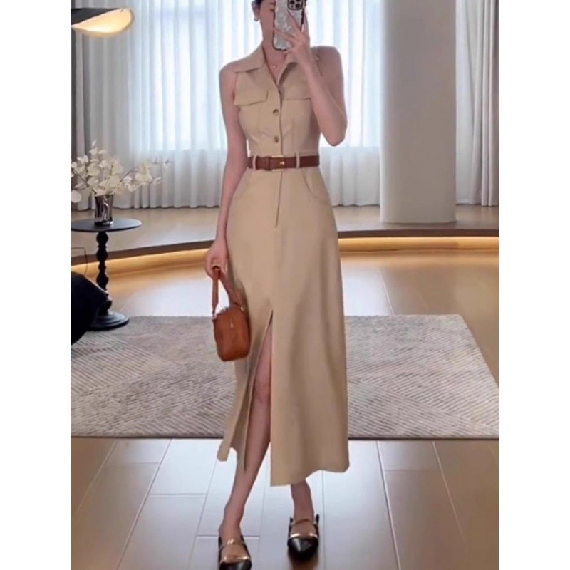 Elegant Polo Collar Shirt Dress for Women, Summer Socialite Style, Commuter Dress with Belt, Waist-Cinching Slim Skirt