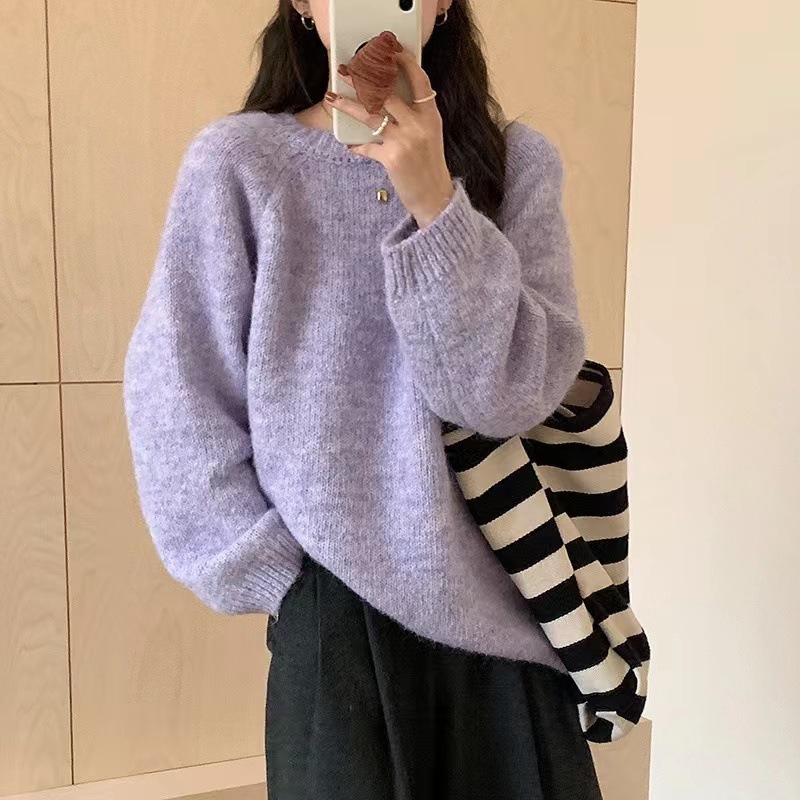 Korean-style Loose Solid Color Soft Waxy Pullover Sweater Women's Autumn and Winter New Lazy Style Long-sleeved Color Sweater Women's Top