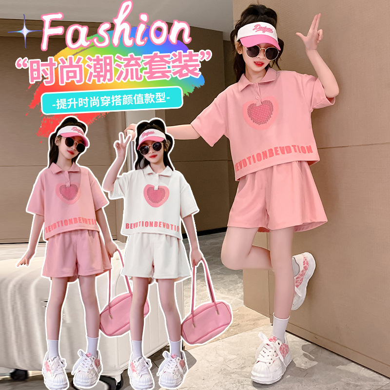 Children's Wear Girls Contrast Color 2025 Short-sleeved suit Summer New Children's Fashionable Western Style Polo Shirt Shorts Two-piece Set
