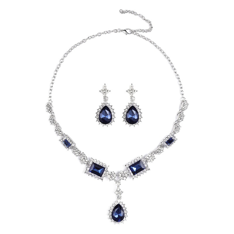 European and American New Fashionable Temperament Artificial Gemstone Necklace and Earrings Set for Women Electroplated Alloy Cross-Border Clavicle Chain