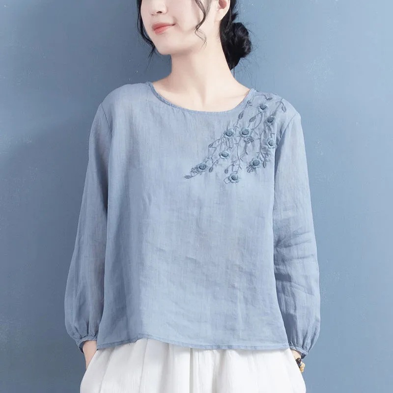 Picture of Chinese Style Shirt Women's 2023 New Spring Cotton and Linen Artistic Retro Embroidered Top Design Long Sleeve Thin Shirt