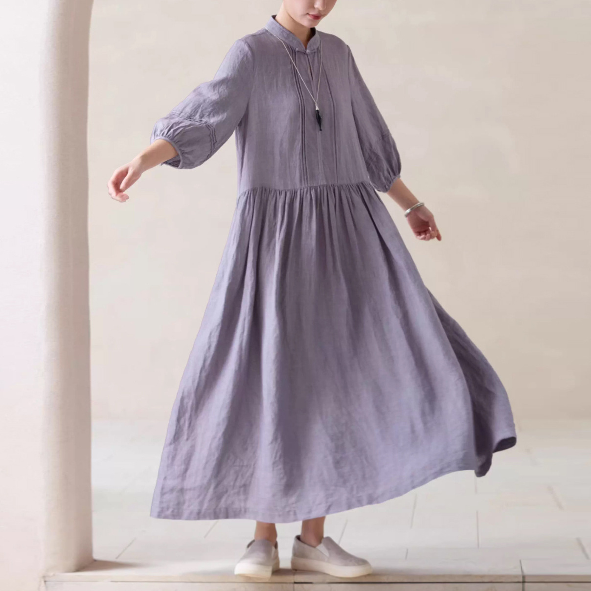 2025 New Autum Stand-Up Collar Pullover Loose Lace-Up Waist Slim Dress Retro Hemp Pure Color Pleated Long Skirt