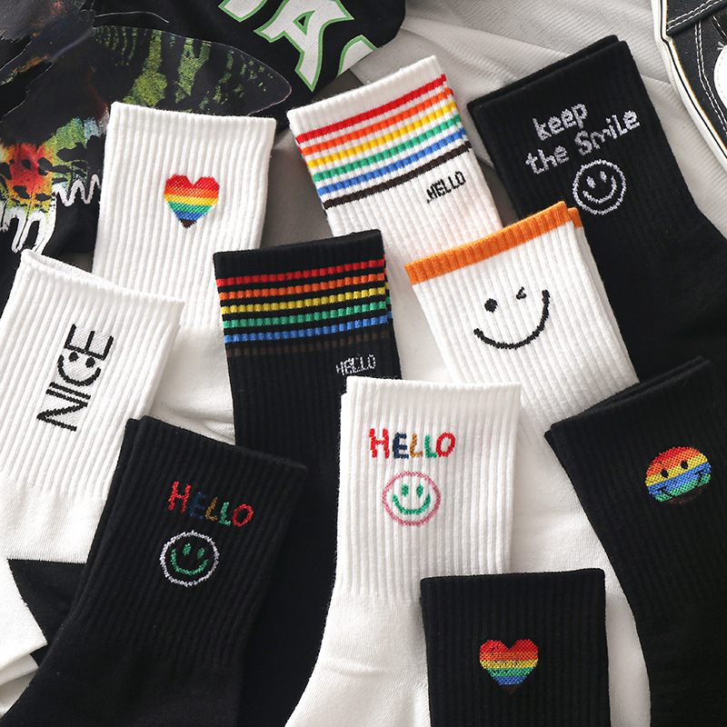 Black Cartoon Children's Korean Style Mid-length Stockings Autumn and Winter Ins Trendy Sports All-match White Stockings Student Internet Celebrity Long Barrel