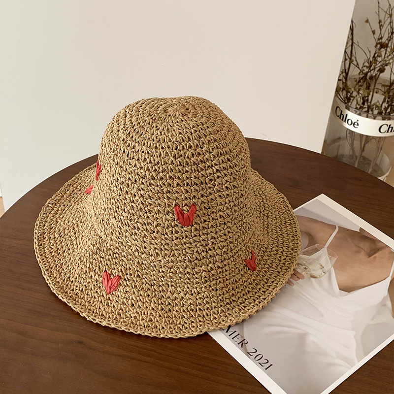 Picture of Love Handmade Straw Fisherman Hat Women's Summer Japanese Vacation Sunshade Straw Hat Seaside Beach Hat