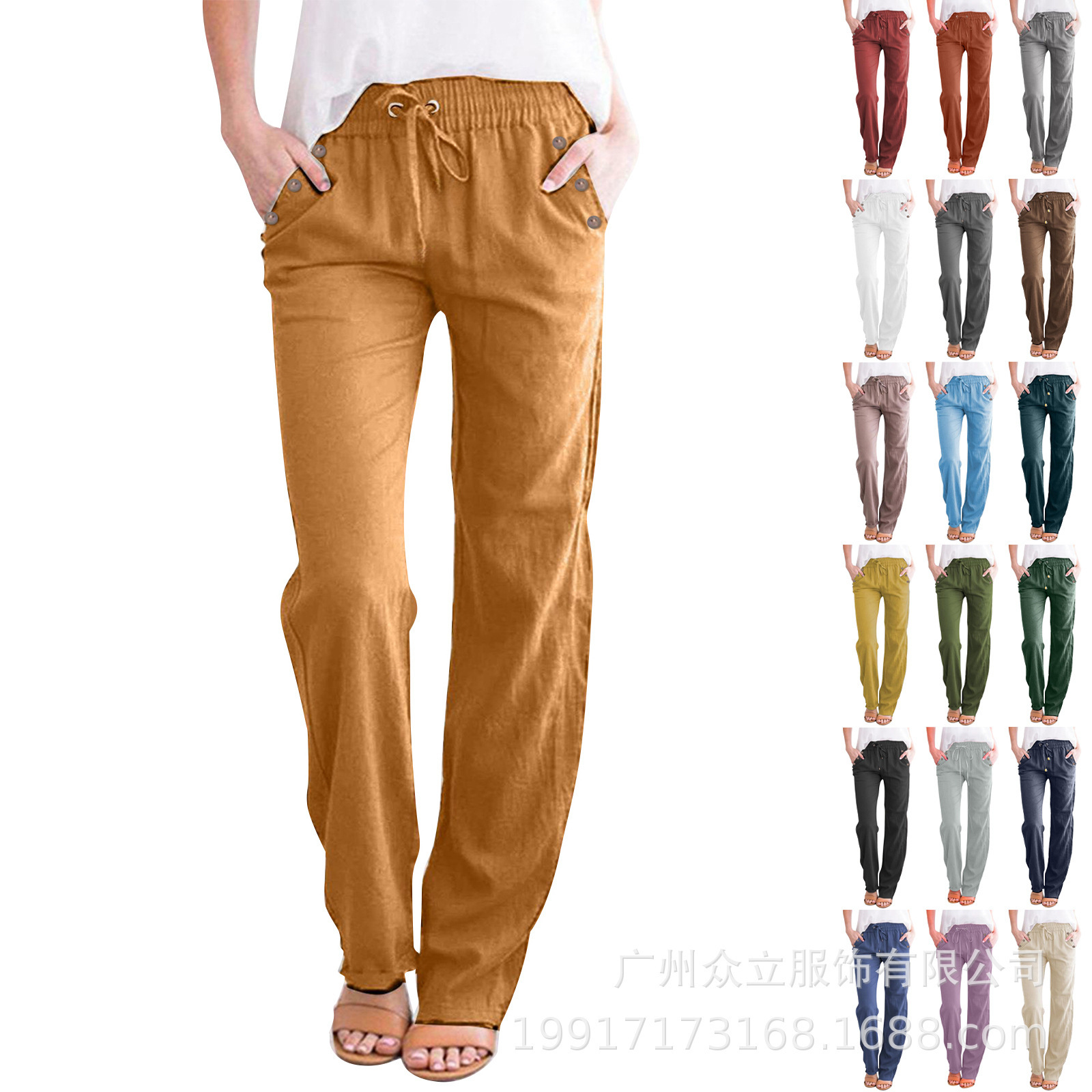 Cross-border eBay Amazon wish Spring and Summer New Solid Color Cotton and Linen Loose Drawstring Button Casual Wide Leg Pants for Women