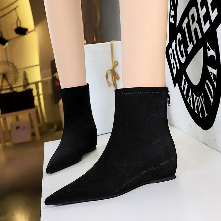 6383-2 Korean Style Fashionable Simple Low-heeled Women's Boots Low-heeled Wedge Heel Inner Heightening Pointed Toe Slim Suede Ankle Boots