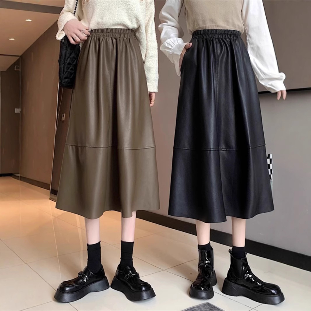 Design Sense Black Midi PU Leather Skirt Women's Autumn and Winter plus size chubby girl High Waist Slimming Umbrella Skirt Elegant Skirt