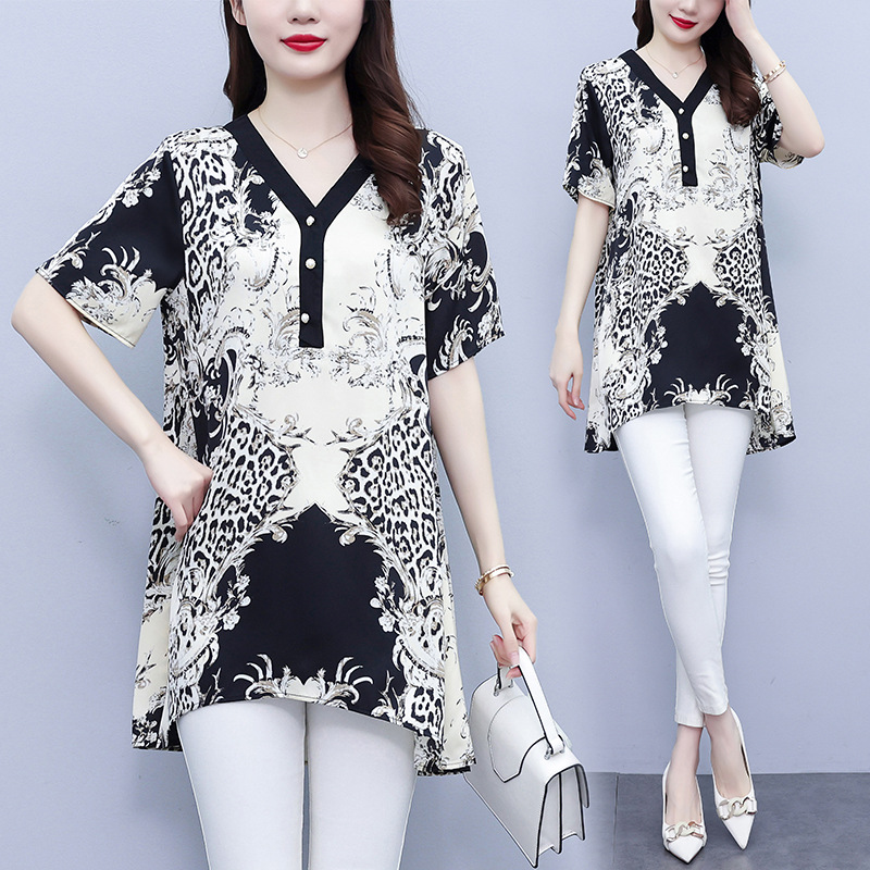 Picture of Plus Size Women's Clothing 2025 Summer New Style Ink Print Mid-Length Fashionable Belly-Covering Slimming Casual Simple Top for Women