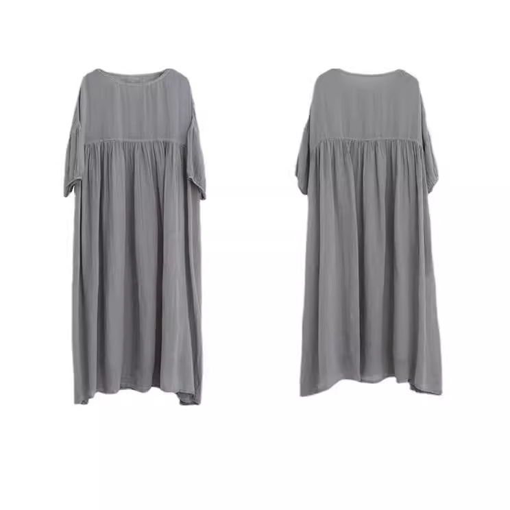 Picture of 2024 New Cotton and Linen Cross-border Loose Pleated Solid Color Round Neck Short-sleeved Women's dress