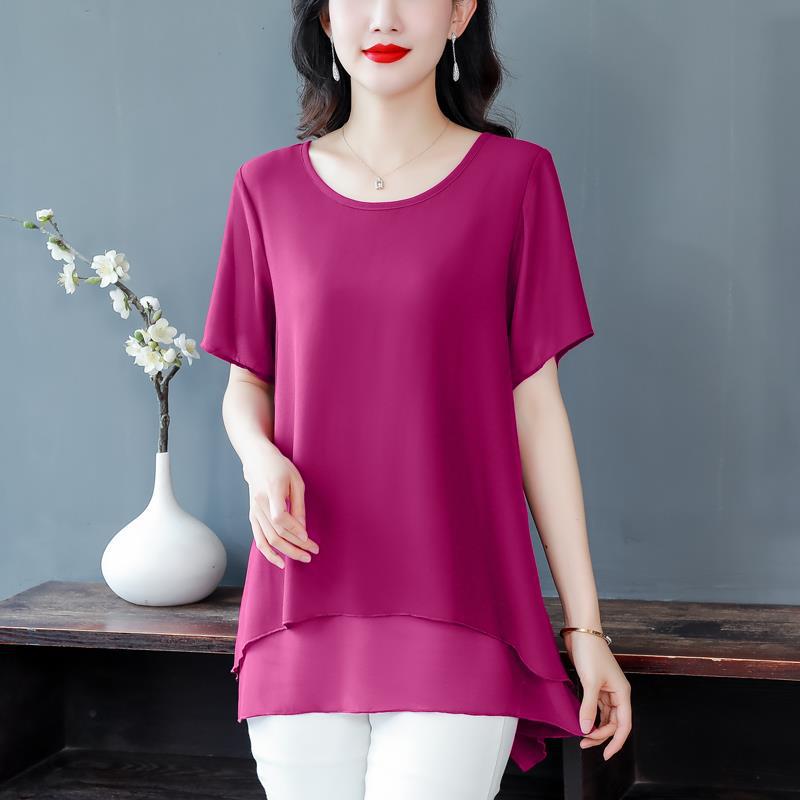chubby girl Belly Covering Chiffon Shirt Women's Mid-length Summer plus size Western-style Small Shirt Middle-aged Mother Loose Slimming Top