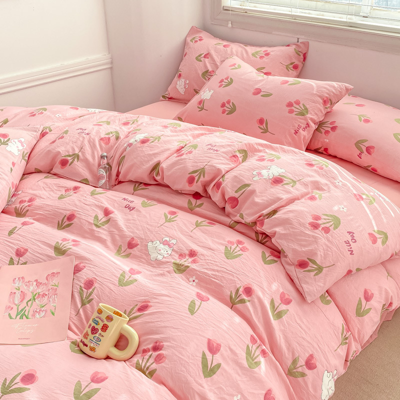 Picture of Class A Mother and Infant Grade Washed Cotton Four-piece Set Cotton ins Style Cartoon Fresh Cotton Bed Cover Three-piece Set