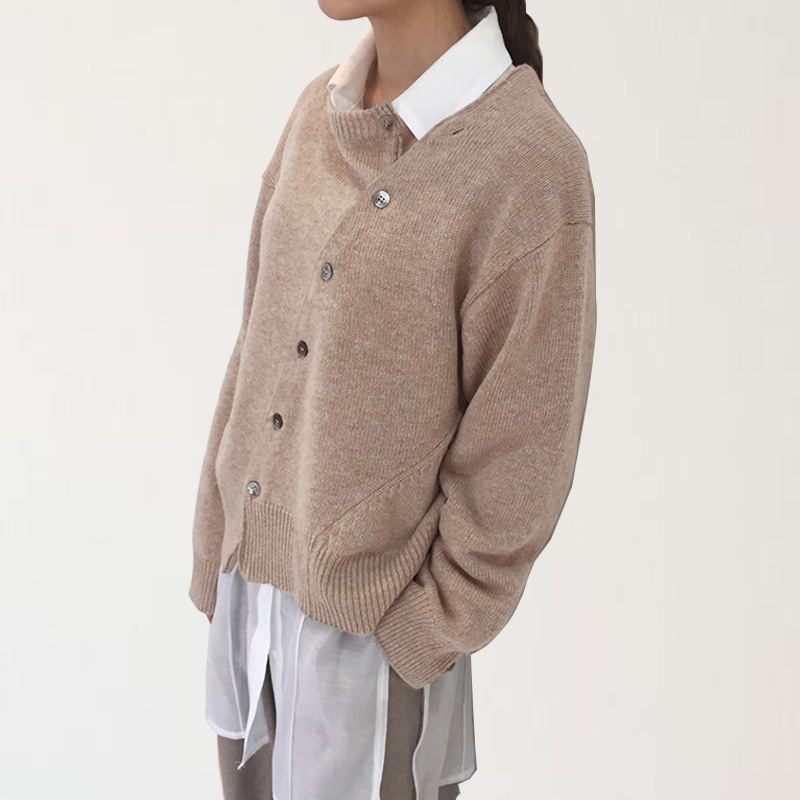 Design Korean style irregular original spring new style oblique buckle lazy style sweater cardigan round neck knitted coat for women
