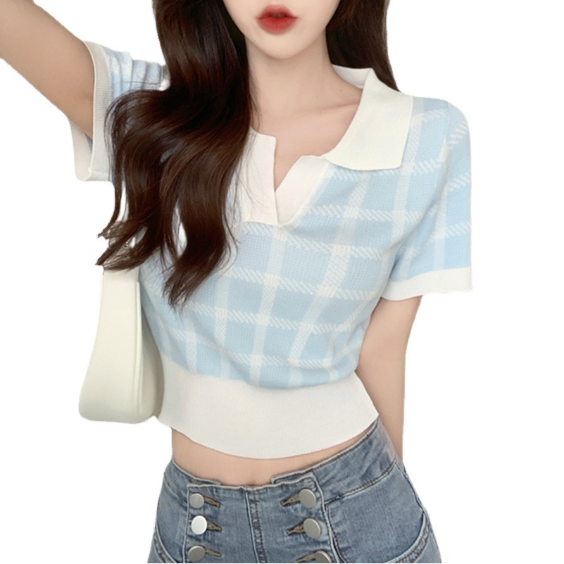 Pure Lust Style Chic Knitted Top for Women Sweet Hot Girl Summer Design Niche High Waist Short Polo Shirt Short Sleeve T-Shirt