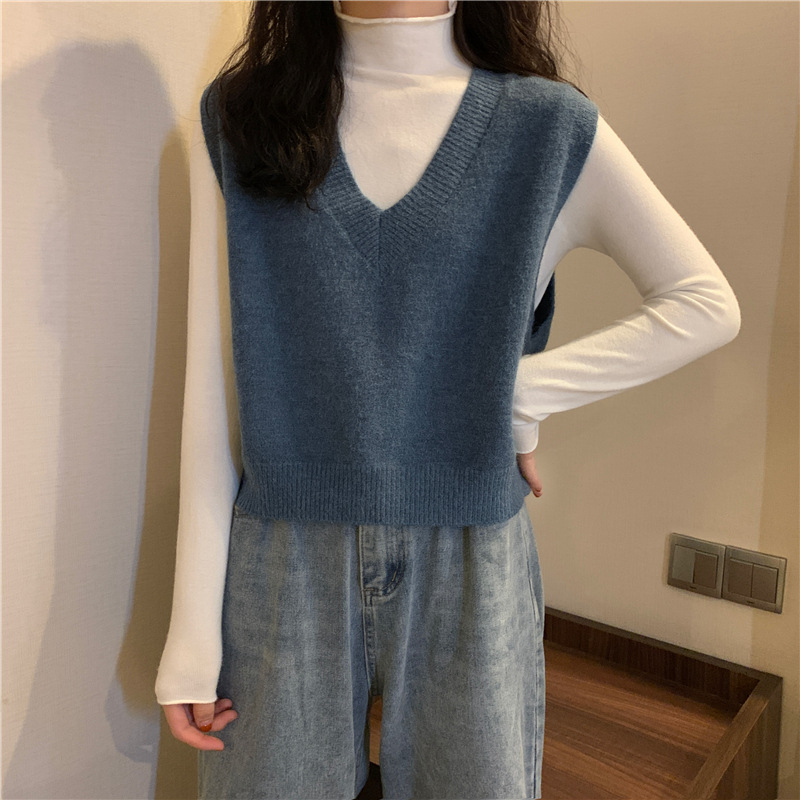 Picture of Loose V-neck short sweater vest vest coat autumn and winter New Internet celebrity Blue temperament knitted vest for women fashion