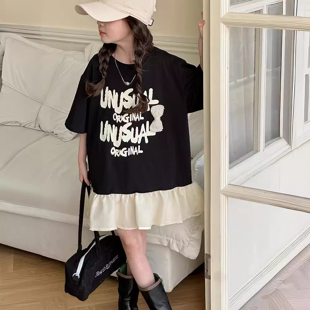 Picture of 2024 New Girls' Summer T-shirt Dress Western Style Mid-Big Children's Letter Printed Short-Sleeved Ruffled Stitching Dress