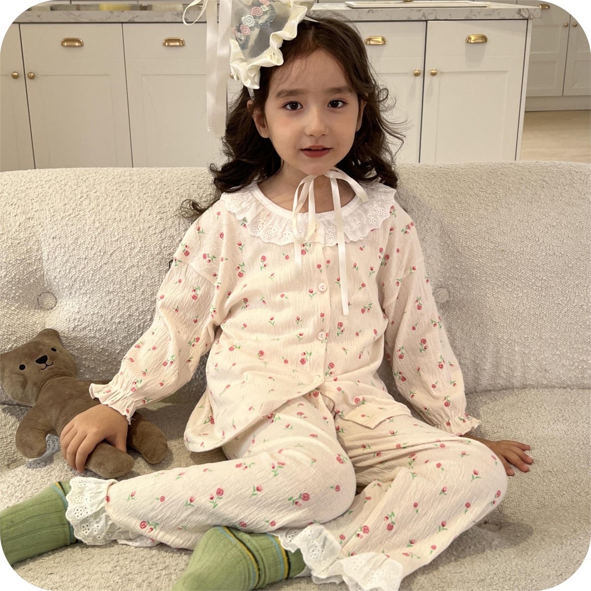 Picture of Children's Stretch Cotton Yarn suit Lace Baby Spring Cardigan Home Clothes Korean Style Cute Air-conditioning Clothes Pajamas