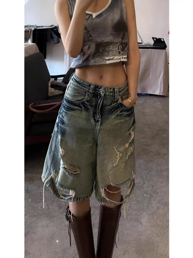 Pure Spice Girl Hong Kong Style Vintage Washed Denim Shorts Women's Summer Straight Loose High Waist Rig Pants