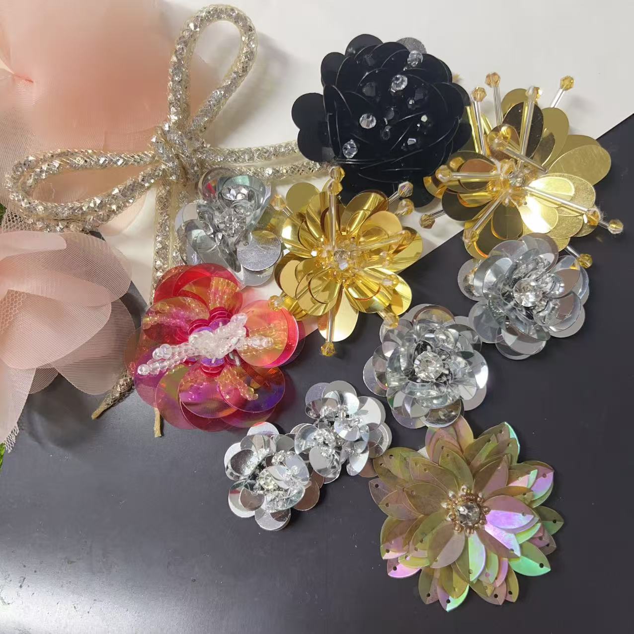 Ready-Made Sequin Flower Accessories, Beading, Handmade Decorative Flowers for Shoes, Hats, and Floral Decorations, Sequin DIY Flower Embellishments