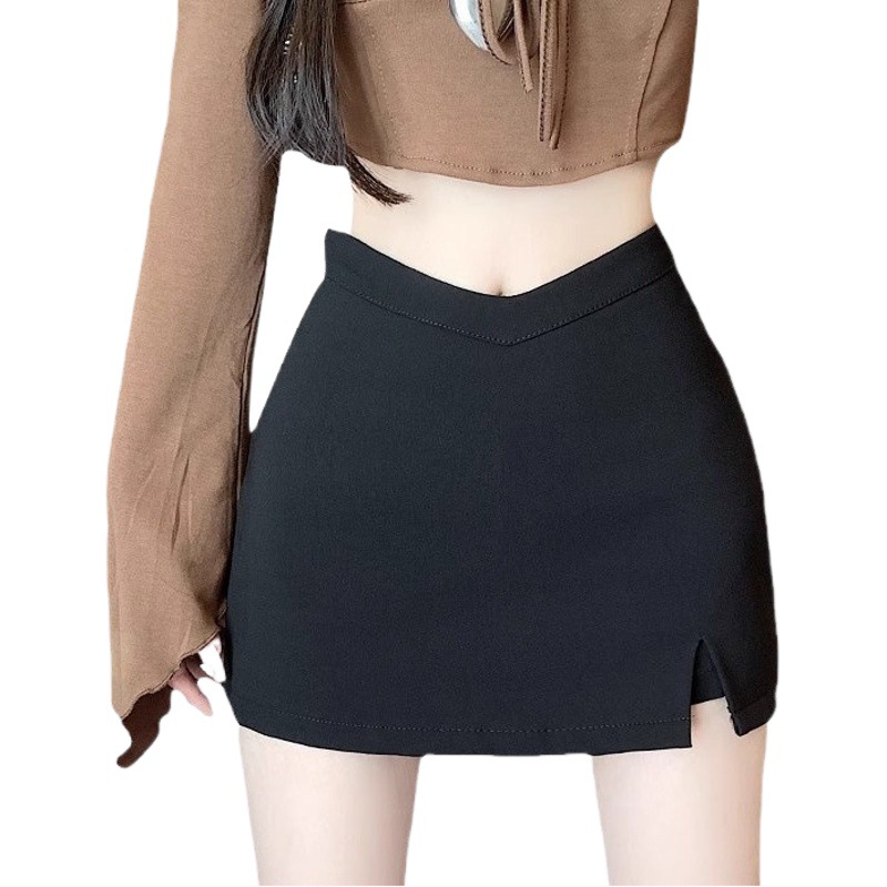 Hot girl black short skirt women's autumn new high waist slimming small A- line skirt pants split sheath skirt