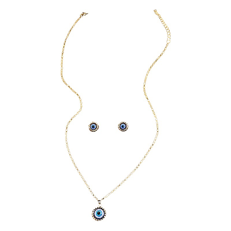 European and American Personality Nightmare Eye Pendant Necklace Design Sense Inlaid Geometric Round Earrings Blue Eyes suit Women