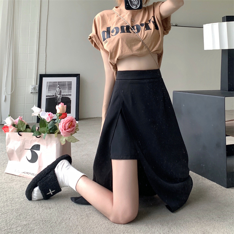 Split slimming skirt for women 2024 Summer new mid-length high waist a-Line hip skirt French waist skirt